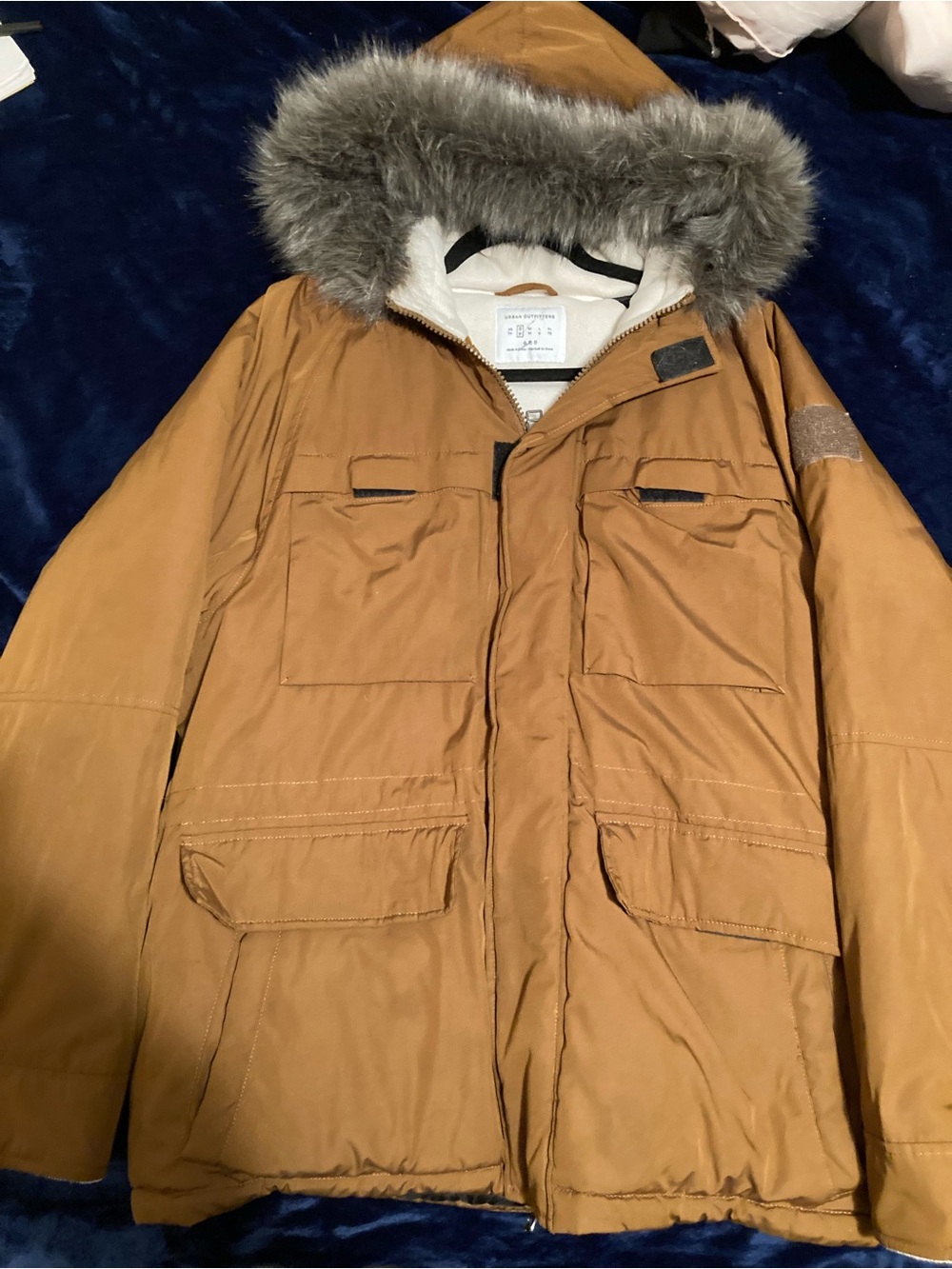Urban Outfitters Men's Caramel Brown Hooded Puffer Parka with Faux Fur Trim